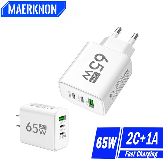 Total 65W GaN USB Charger 3 Ports Fast Charging Type C Adapter Mobile