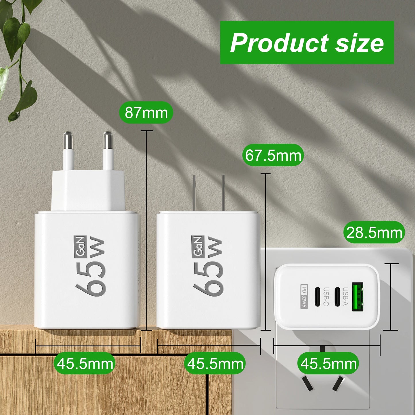 Total 65W GaN USB Charger 3 Ports Fast Charging Type C Adapter Mobile