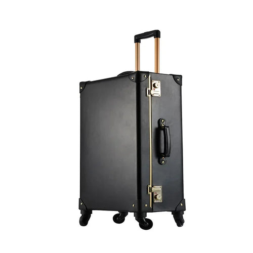 Luxury Black Pure Genuine Leather Travel Retro Rolling Luggage