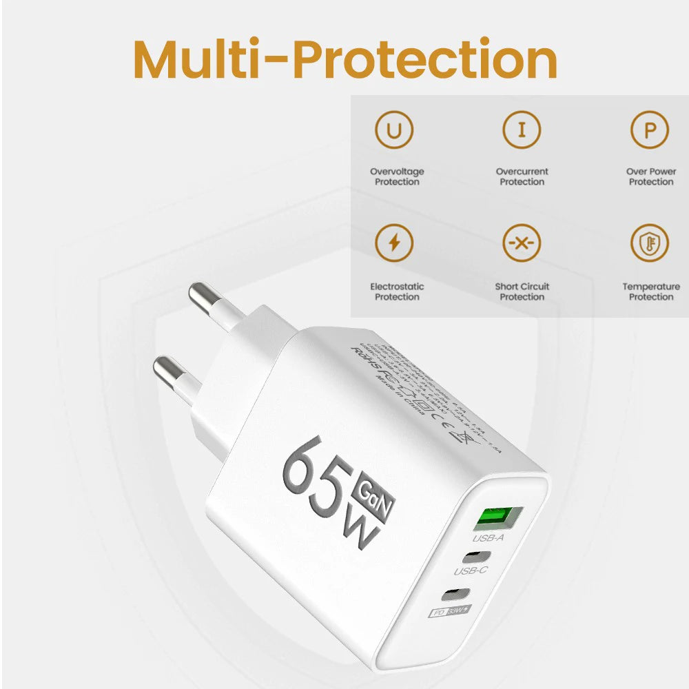 Total 65W GaN USB Charger 3 Ports Fast Charging Type C Adapter Mobile