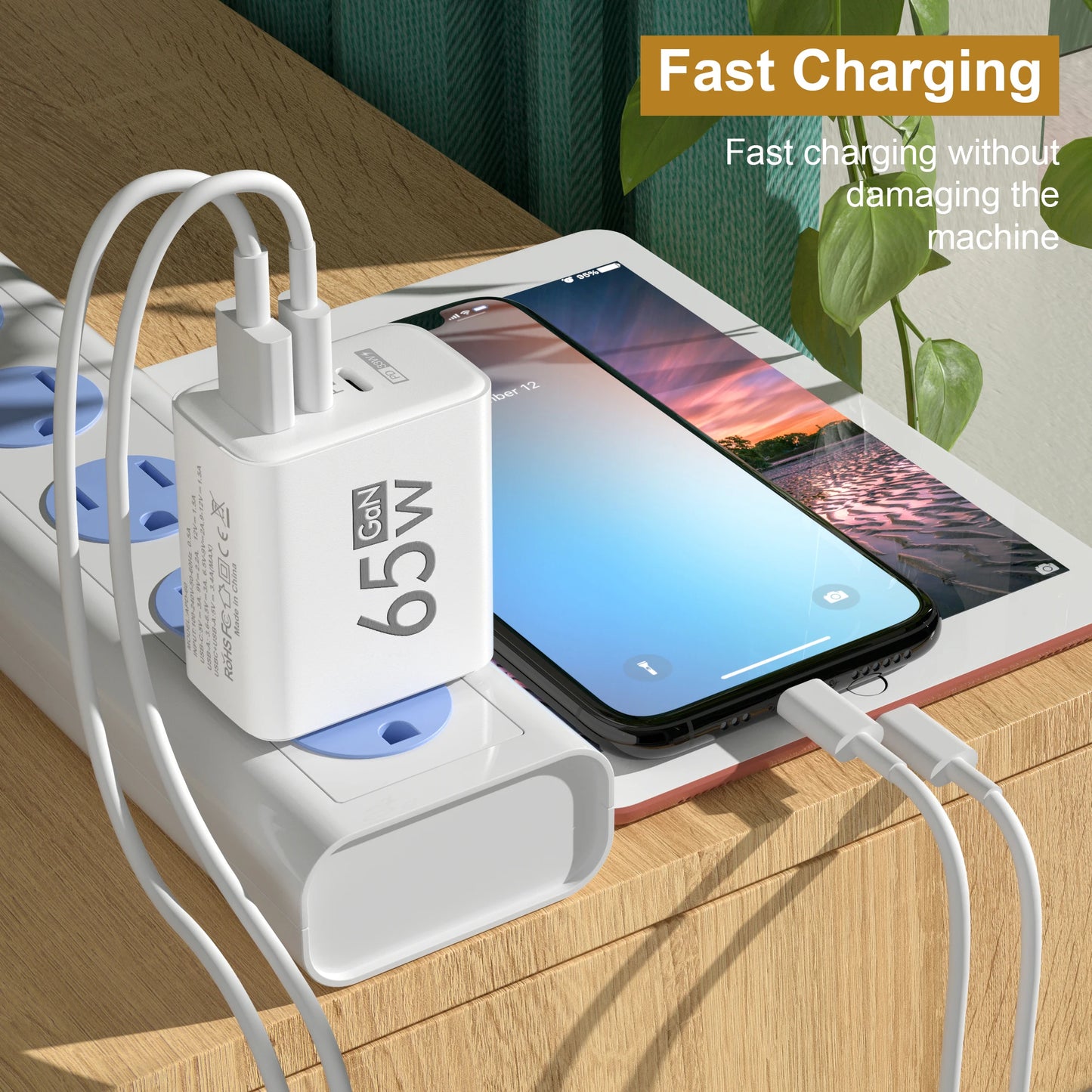 Total 65W GaN USB Charger 3 Ports Fast Charging Type C Adapter Mobile