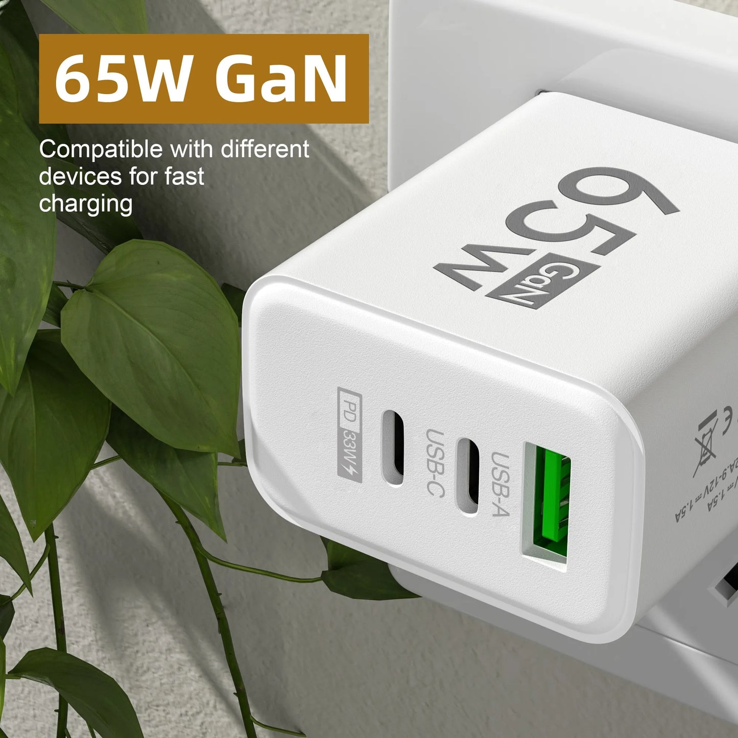 Total 65W GaN USB Charger 3 Ports Fast Charging Type C Adapter Mobile
