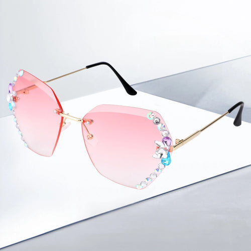 Rimless Diamond Sunglasses Women Men Fashion Polygon Oversized