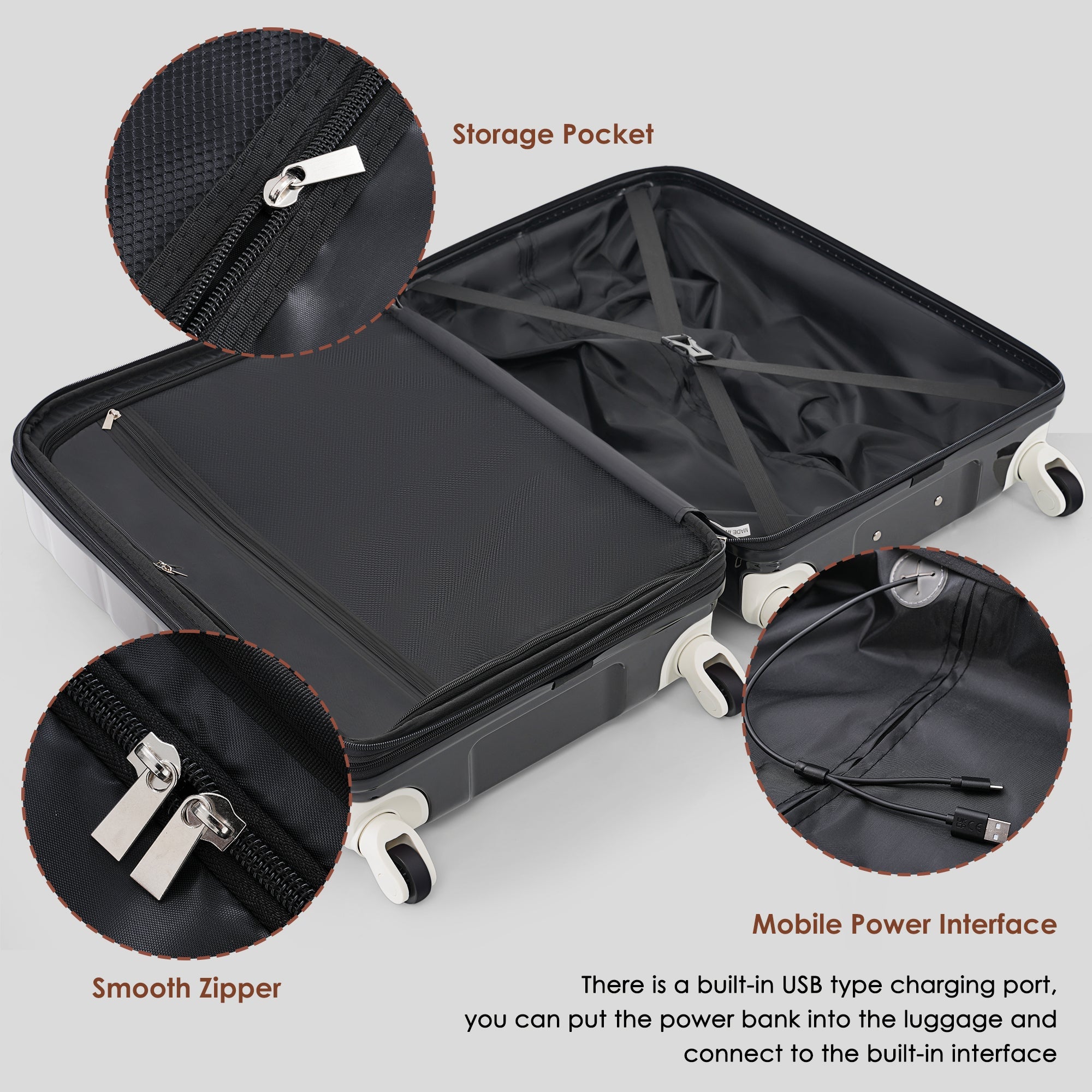 Luggage Set of 3, 20-inch with USB Port, Airline Certified Carry-on