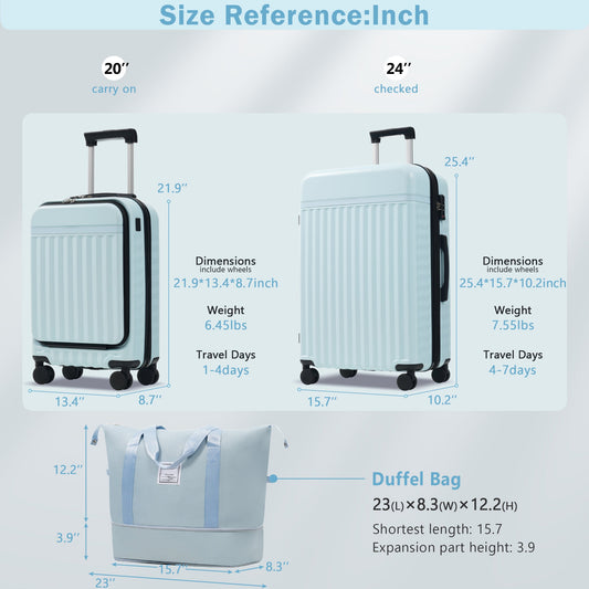Front Opening Luggage Set 3 Piece, Hardside Carry on Suitcase with USB