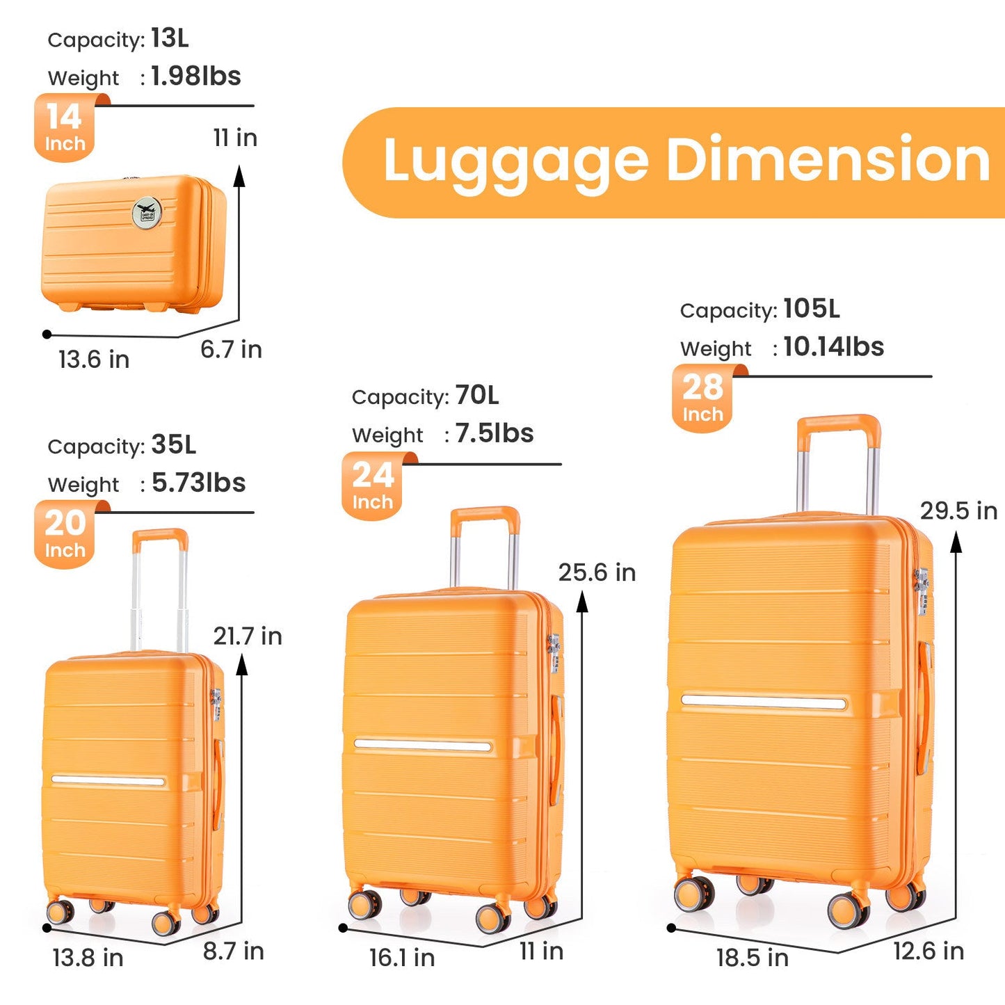 Luggage Sets 4 Piece(14/20/24/28) PP Lightweight & Durable Expandable