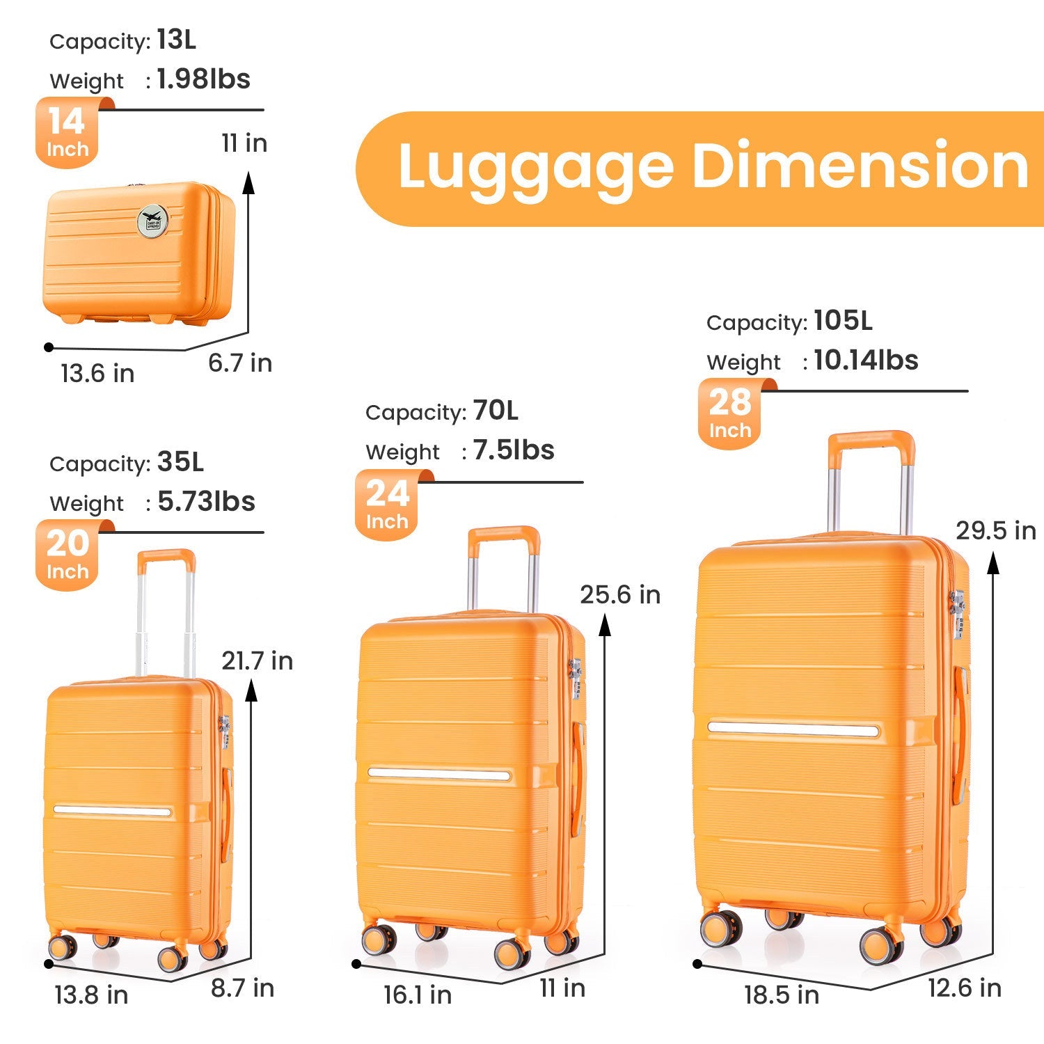 Luggage Sets 4 Piece(14/20/24/28) PP Lightweight & Durable Expandable