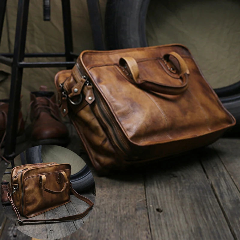 Luxury Vintage Full Grain Genuine Leather Travel Bag Men Weekend