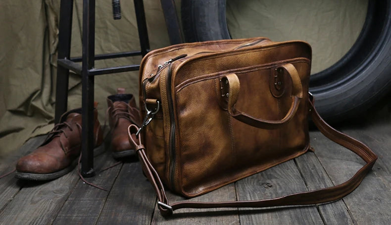Luxury Vintage Full Grain Genuine Leather Travel Bag Men Weekend