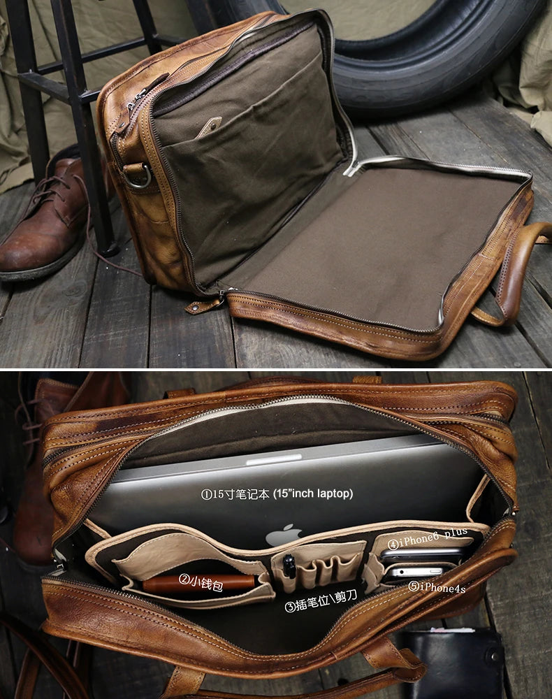 Luxury Vintage Full Grain Genuine Leather Travel Bag Men Weekend