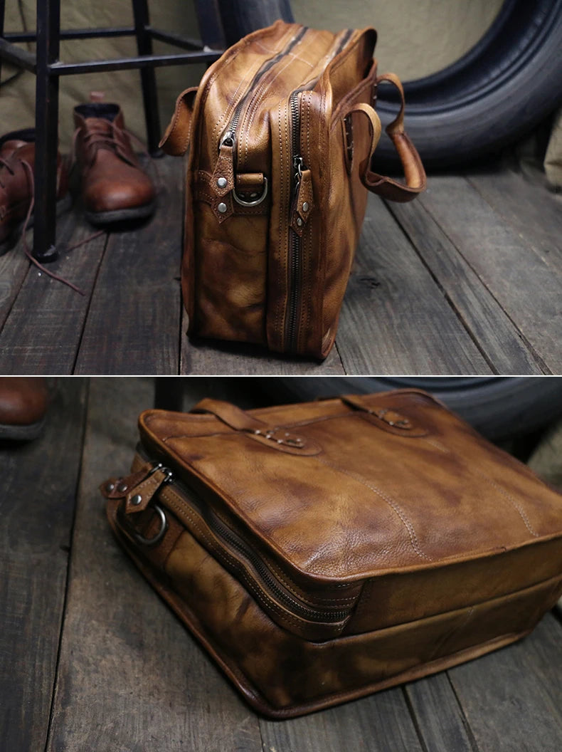 Luxury Vintage Full Grain Genuine Leather Travel Bag Men Weekend