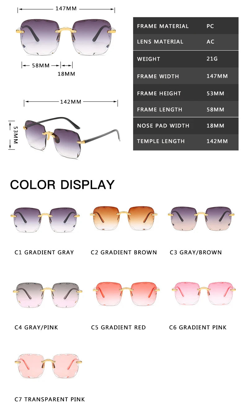 2023 Square Rimless Sunglasses Women Luxury Brand Designer Summer Red
