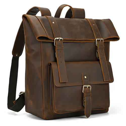 Newsbirds Men's Leather Backpack Retro Luxury Fashion Style Bagpack