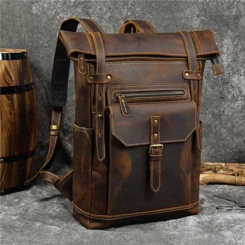 Newsbirds Men's Leather Backpack Retro Luxury Fashion Style Bagpack
