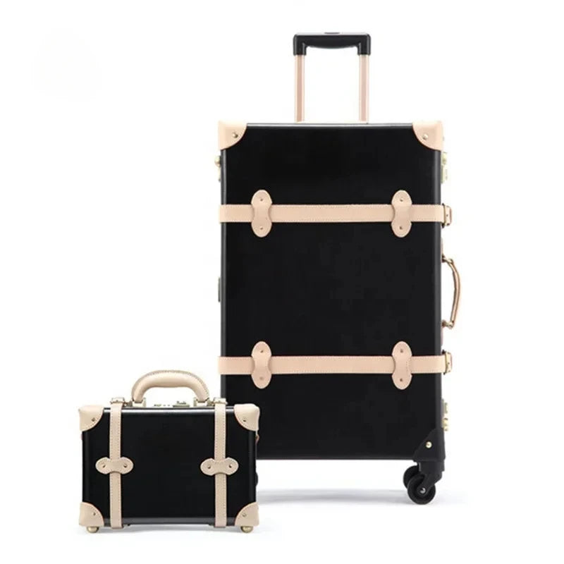 Luxury Black Pure Genuine Leather Travel Retro Rolling Luggage