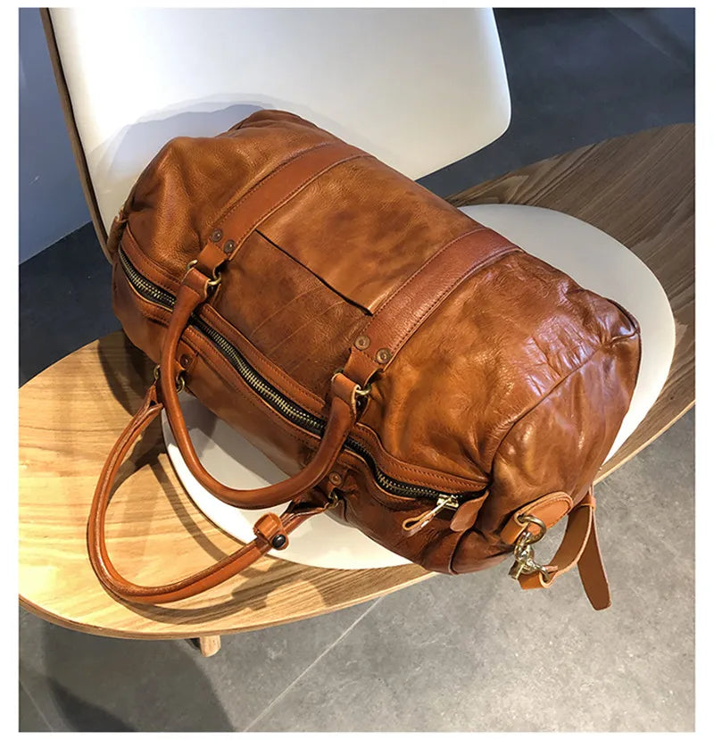 Vintage luxury natural genuine leather men's large-capacity travel bag