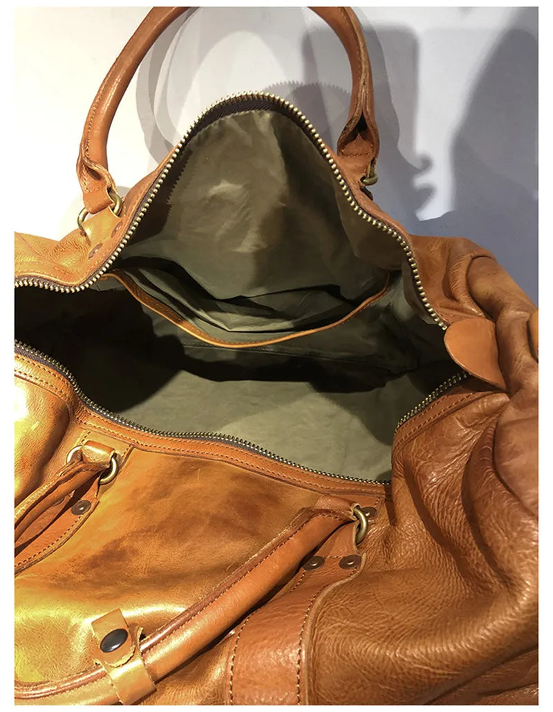 Vintage luxury natural genuine leather men's large-capacity travel bag