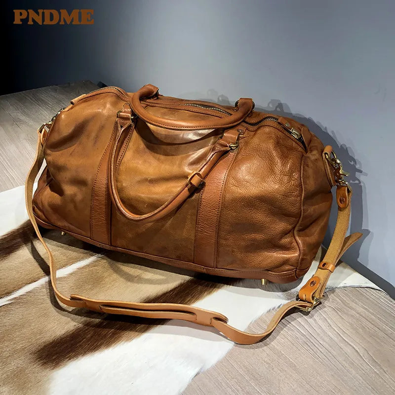 PNDME Vintage Luxury Natural Genuine Leather Men's Large-capacity