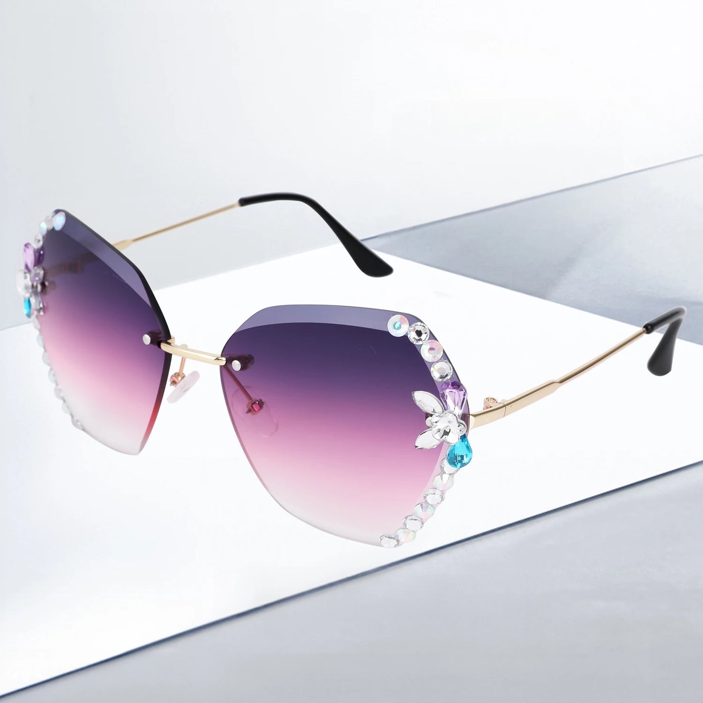 Rimless Diamond Sunglasses Women Men Fashion Polygon Oversized