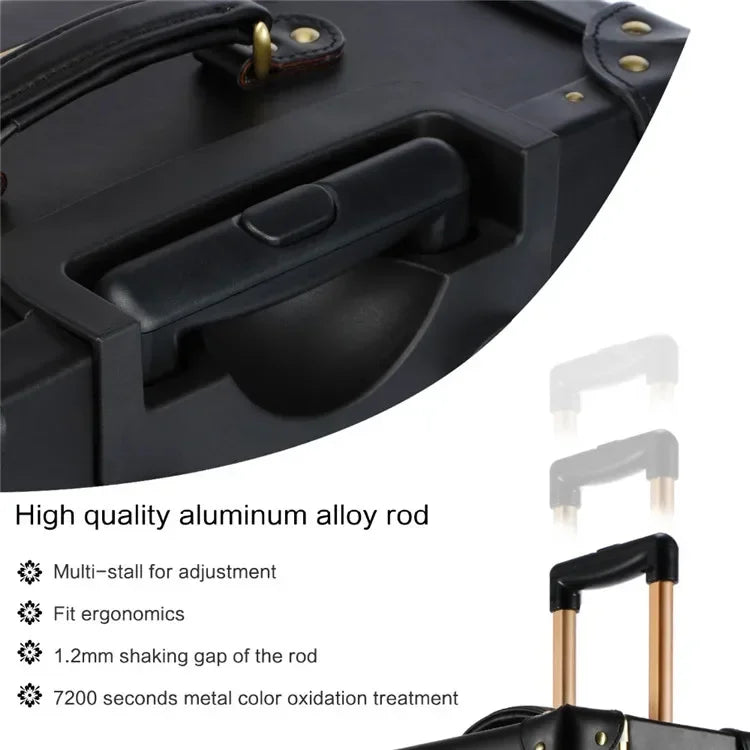 Luxury Black Pure Genuine Leather Travel Retro Rolling Luggage