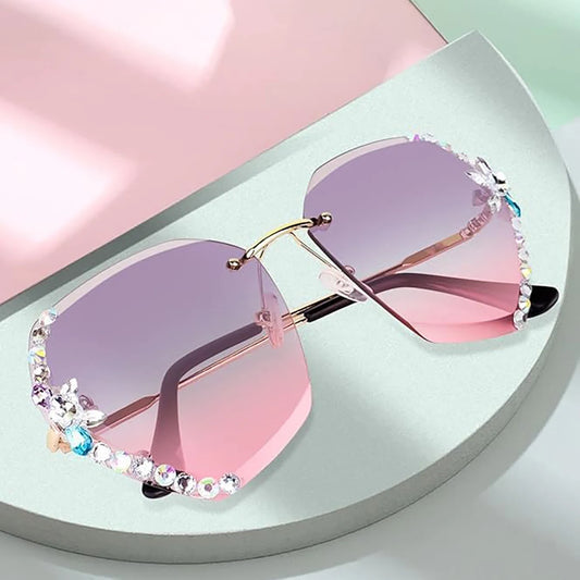 Rimless Diamond Sunglasses Women Men Fashion Polygon Oversized