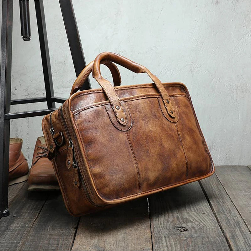 Luxury Vintage Full Grain Genuine Leather Travel Bag Men Weekend