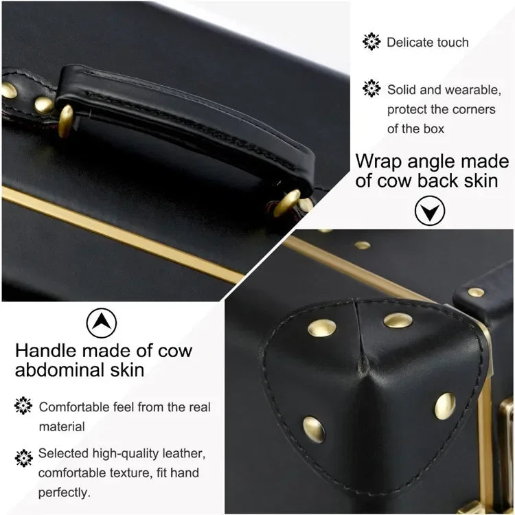 Luxury Black Pure Genuine Leather Travel Retro Rolling Luggage