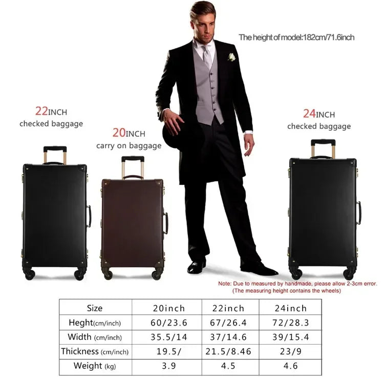Luxury Black Pure Genuine Leather Travel Retro Rolling Luggage