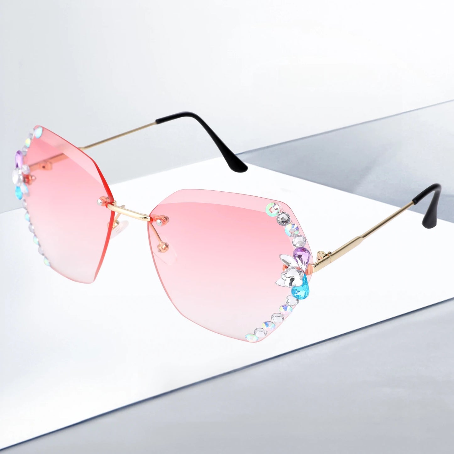 Rimless Diamond Sunglasses Women Men Fashion Polygon Oversized