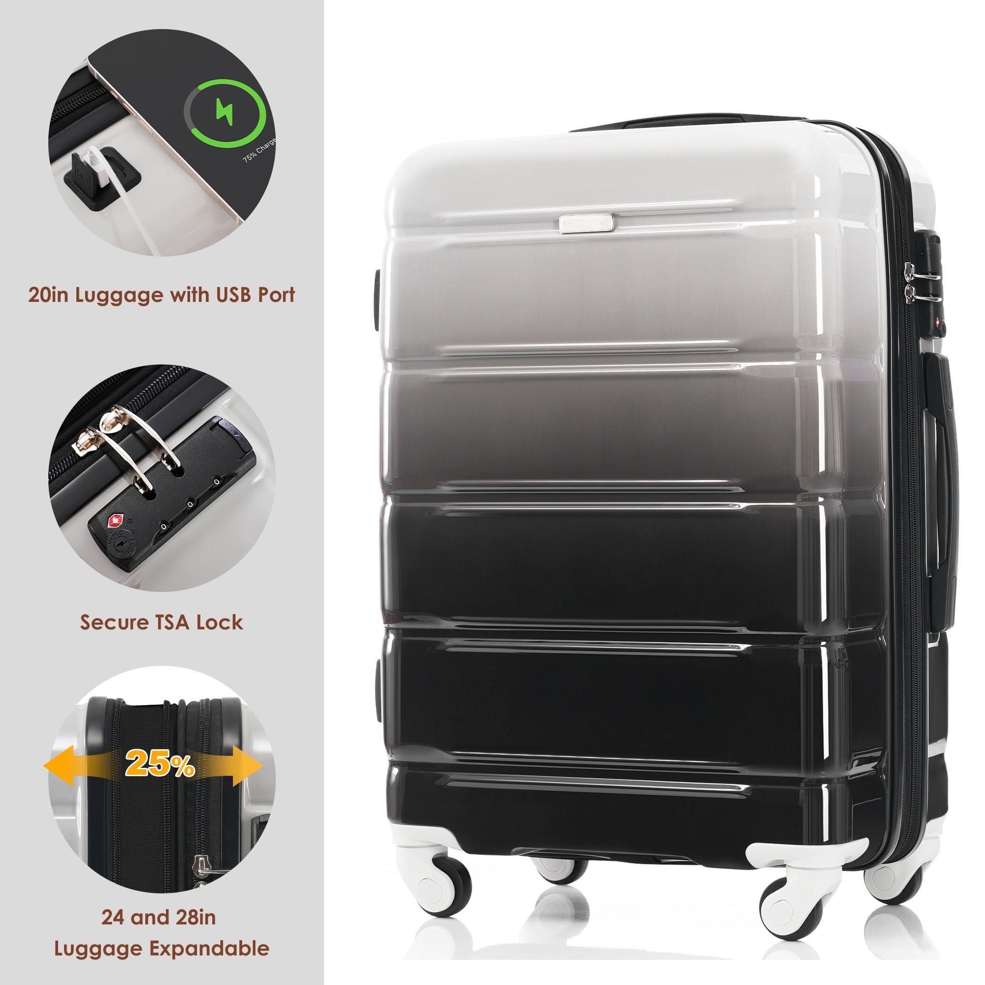 Luggage Set of 3, 20-inch with USB Port, Airline Certified Carry-on